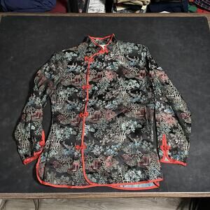 Peony Blouse Silk Chinese 1940s Satin Asian Floral Frog Button Tunic Top Brocade